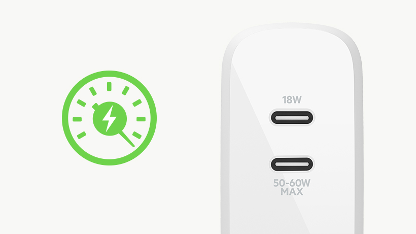 Charge devices fast BOOST↑CHARGE Dual USB-C GaN Wall Charger 68W with a speedometer