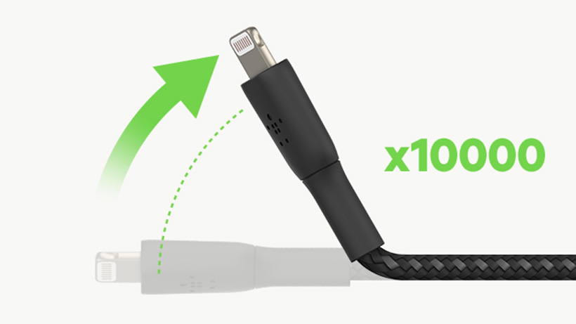 Tested to withstand 10,000+ bends Belkin Boost↑Charge Braided Cable being bent at an angle